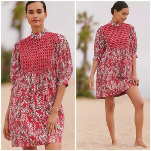 ANTHROPOLOGIE RO'S GARDEN Jamelia Puff-Sleeve Mini Dress Red Pattern Medium NWOT